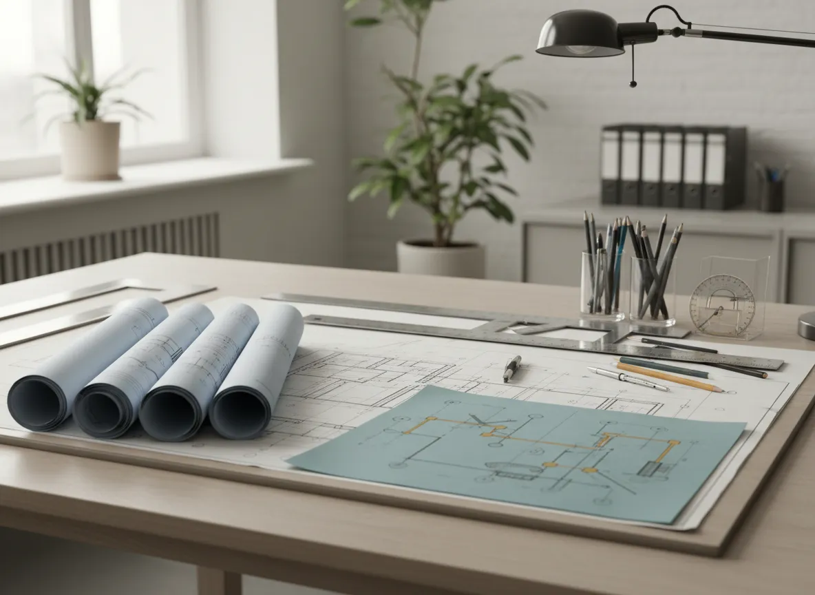 Architectural blueprints and technical drawings on a drafting table