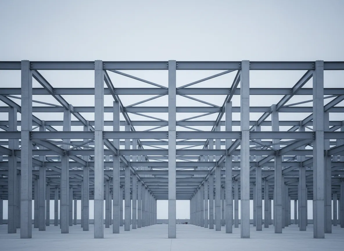 Symmetrical steel architectural structure in cool tones