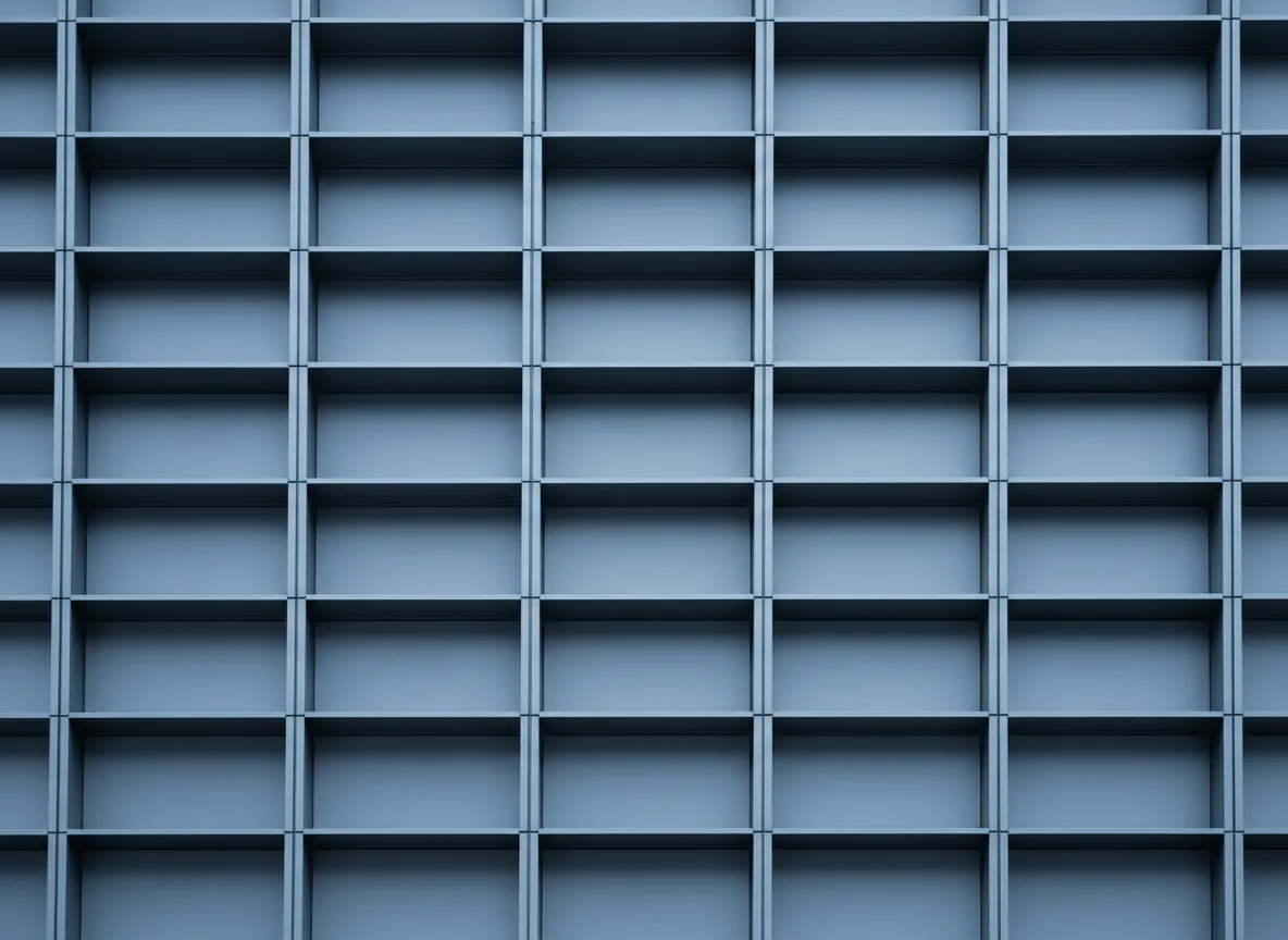 Architectural symmetry with institutional steel and concrete geometry in cool tones, no people.