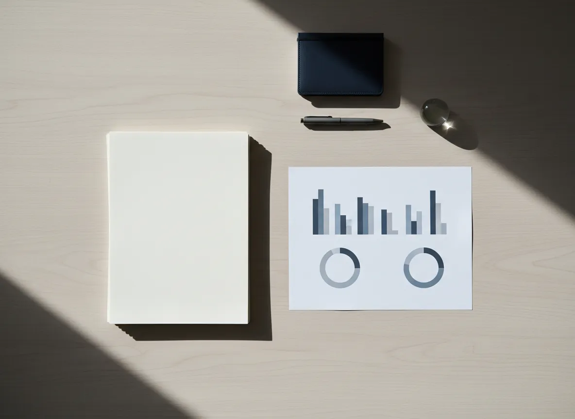 Clean quarterly report layout and organized document stack on an institutional desk.