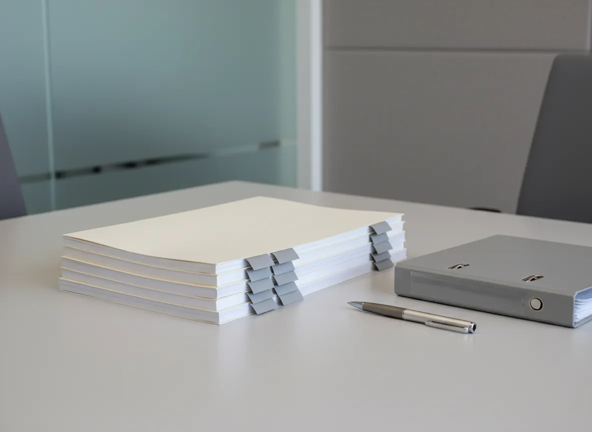 Quarterly report layout and organized document stack in an institutional reporting setting