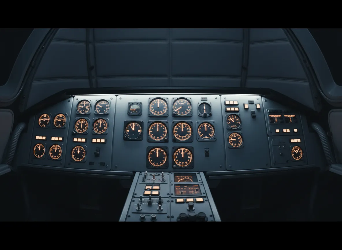 Muted aircraft-style instrument and industrial control panel with no operator visible.