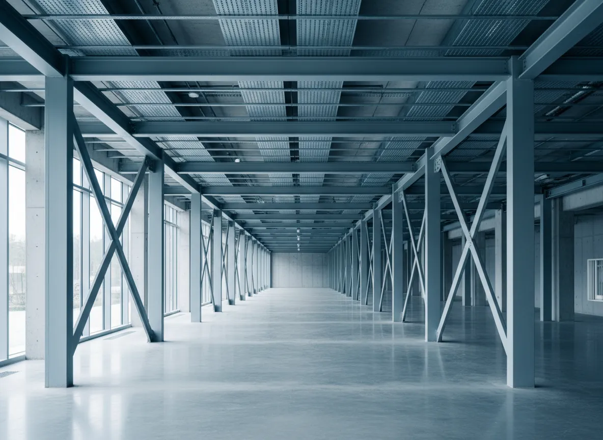 Industrial steel framework and structural grid architecture in a minimal institutional setting