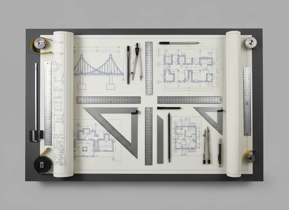 Blueprints and technical schematics laid out on a drafting table in neutral lighting.