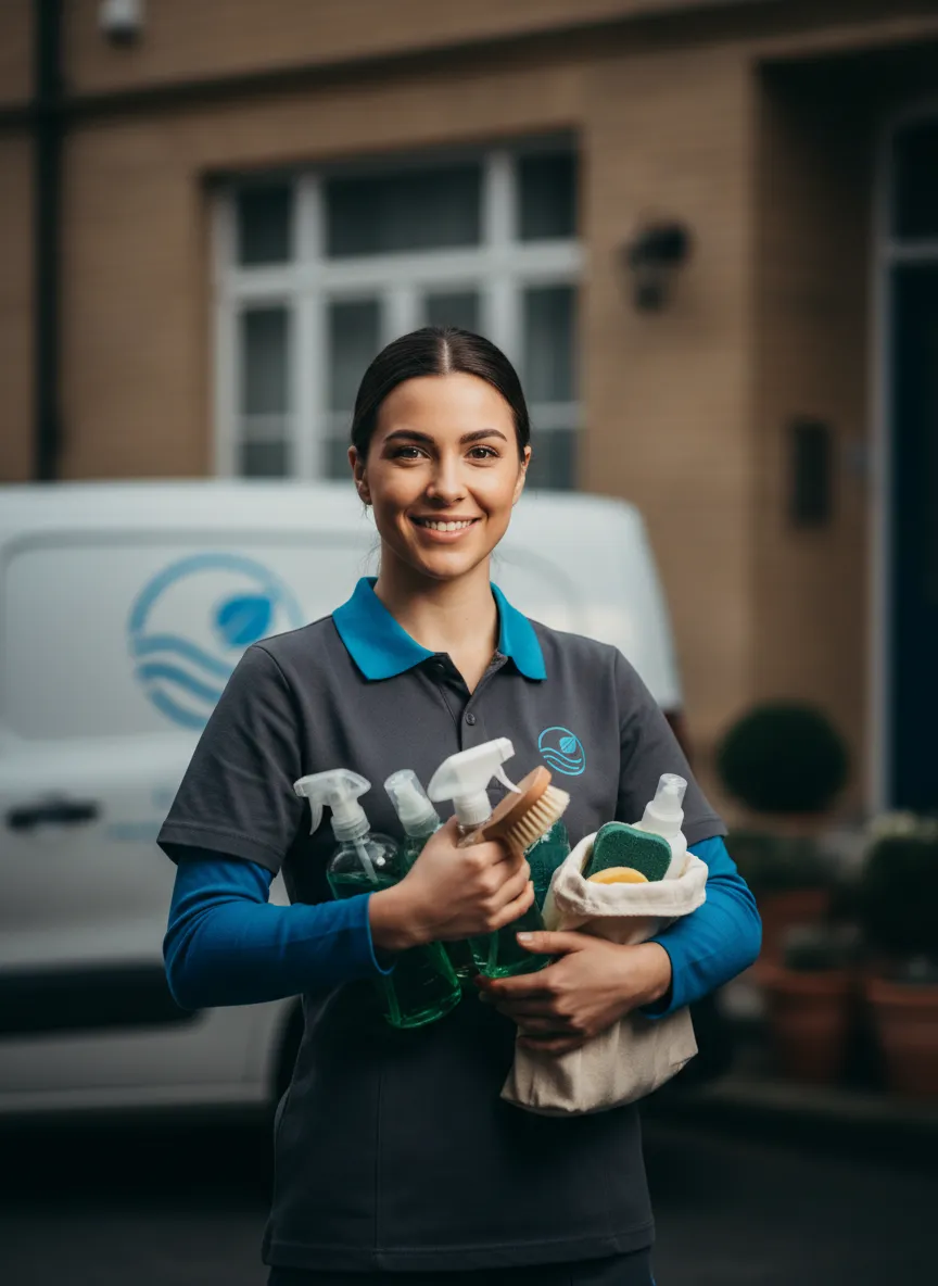 Professional cleaning crew member smiling with eco-friendly supplies