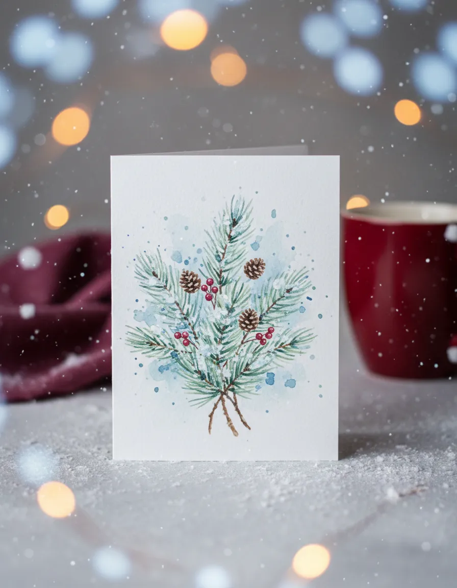 Winter Pine Holiday Watercolor Card