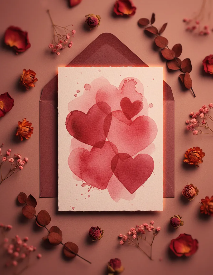 Crimson Hearts Valentine Watercolor Card
