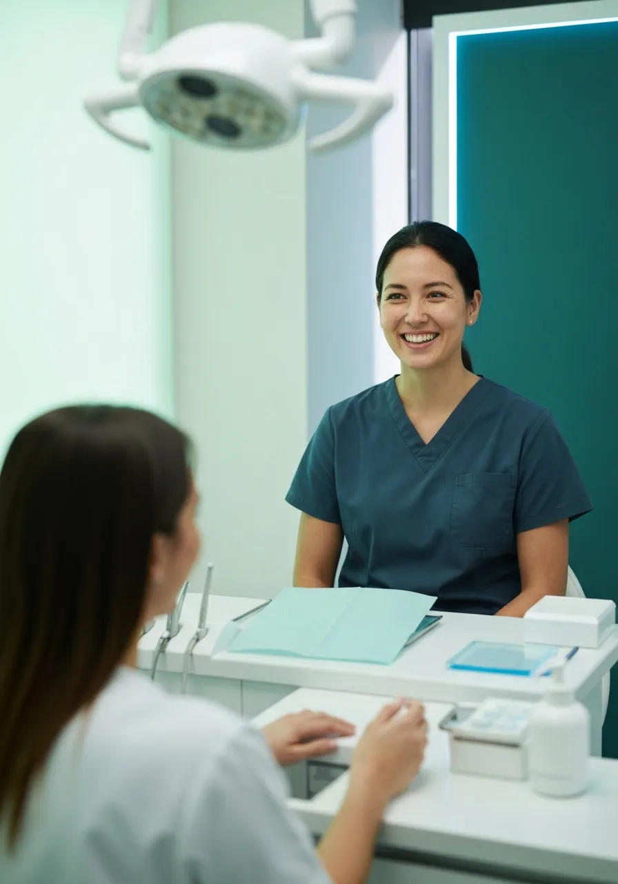 Smiling patient interacting with a caring dental professional in a modern clinic