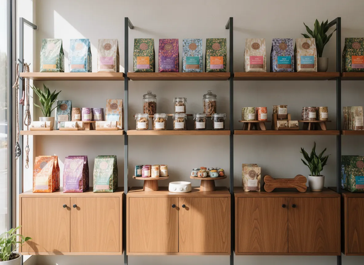 Display of premium dog food bags and accessories in a boutique pet shop