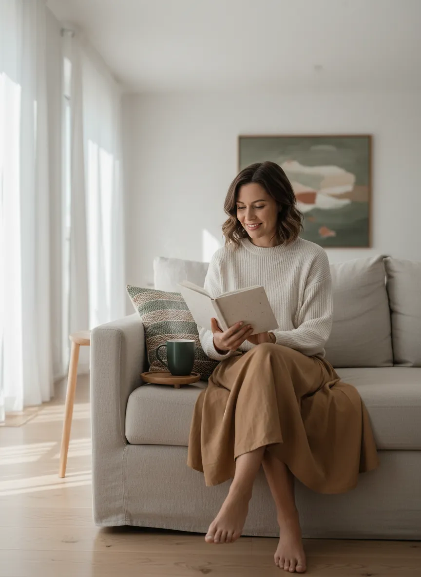 A relaxed mother enjoying a cup of coffee, feeling empowered about her finances