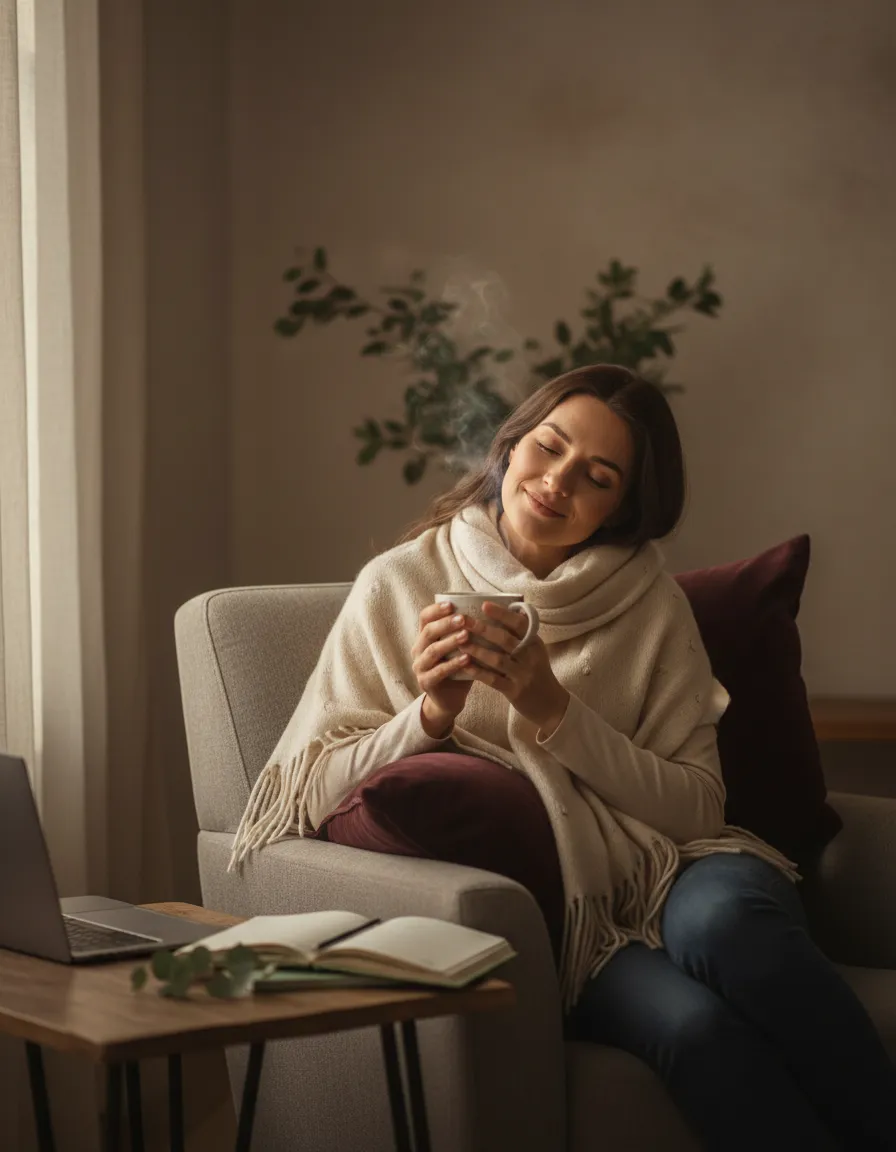 A quiet moment of a mother holding a warm cup, finding a sliver of peace.