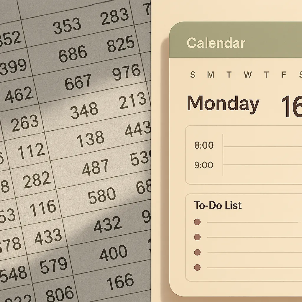 A 2-panel composite image contrasting a stressful, rigid spreadsheet with negative numbers against a calm, beautifully formatted cash flow planner reflecting flexibility and ease.