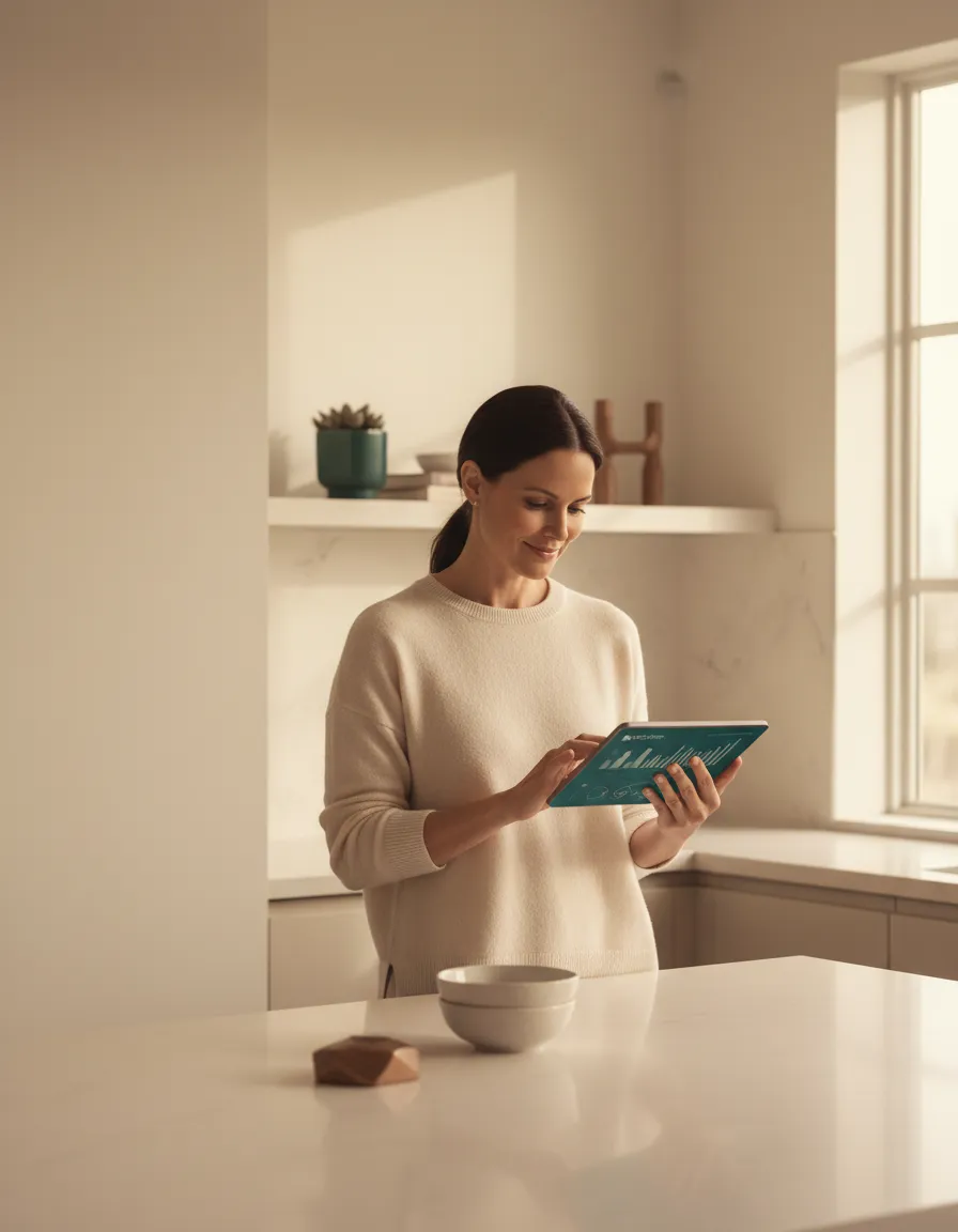 Lifestyle photo of a busy mom using the money manager