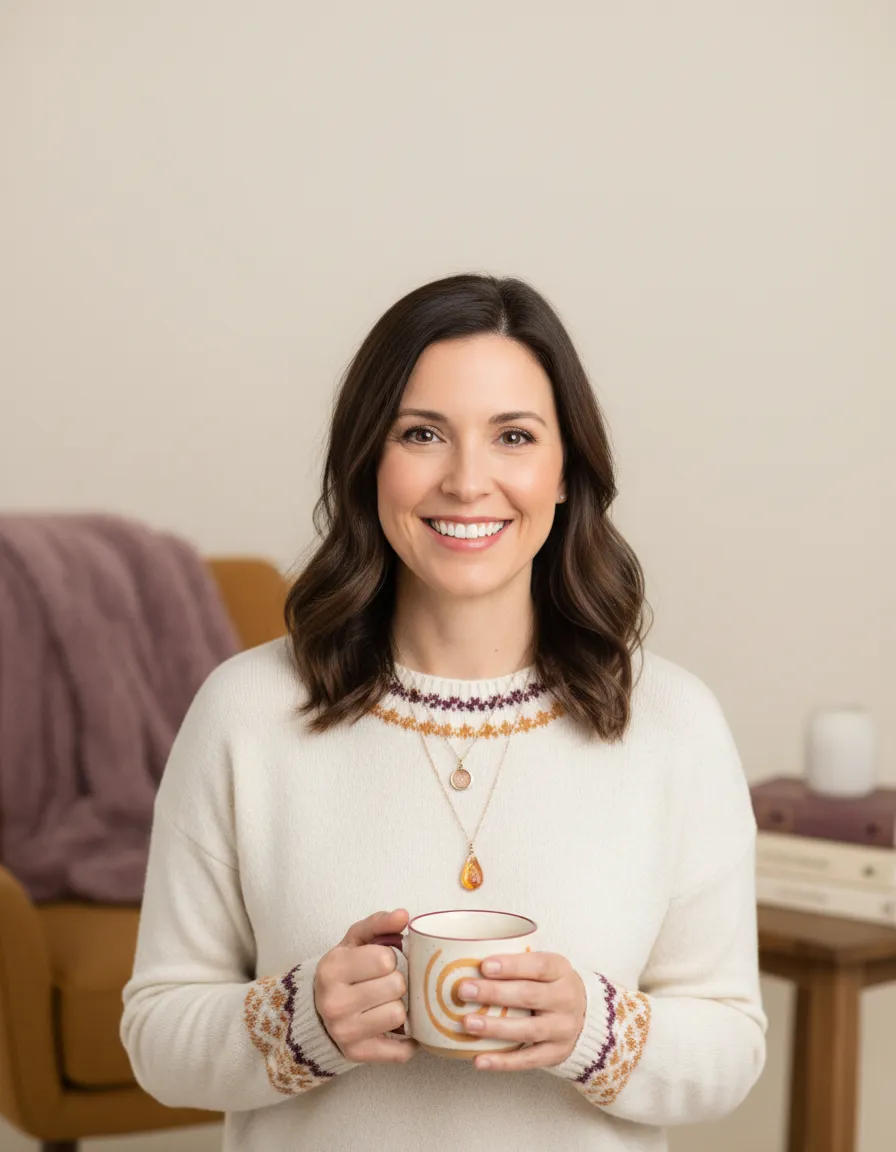 A warm, relatable photo of the course creator, a busy mom of five.