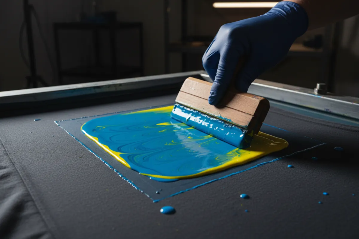 Screen printing in progress with bright ink on fabric