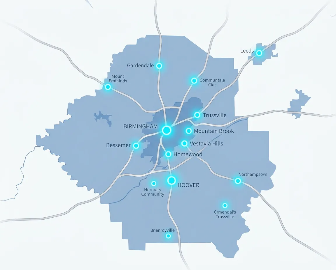 Stylized map showing Pristine Professional Cleaning Services coverage area across Birmingham and Jefferson County Alabama
