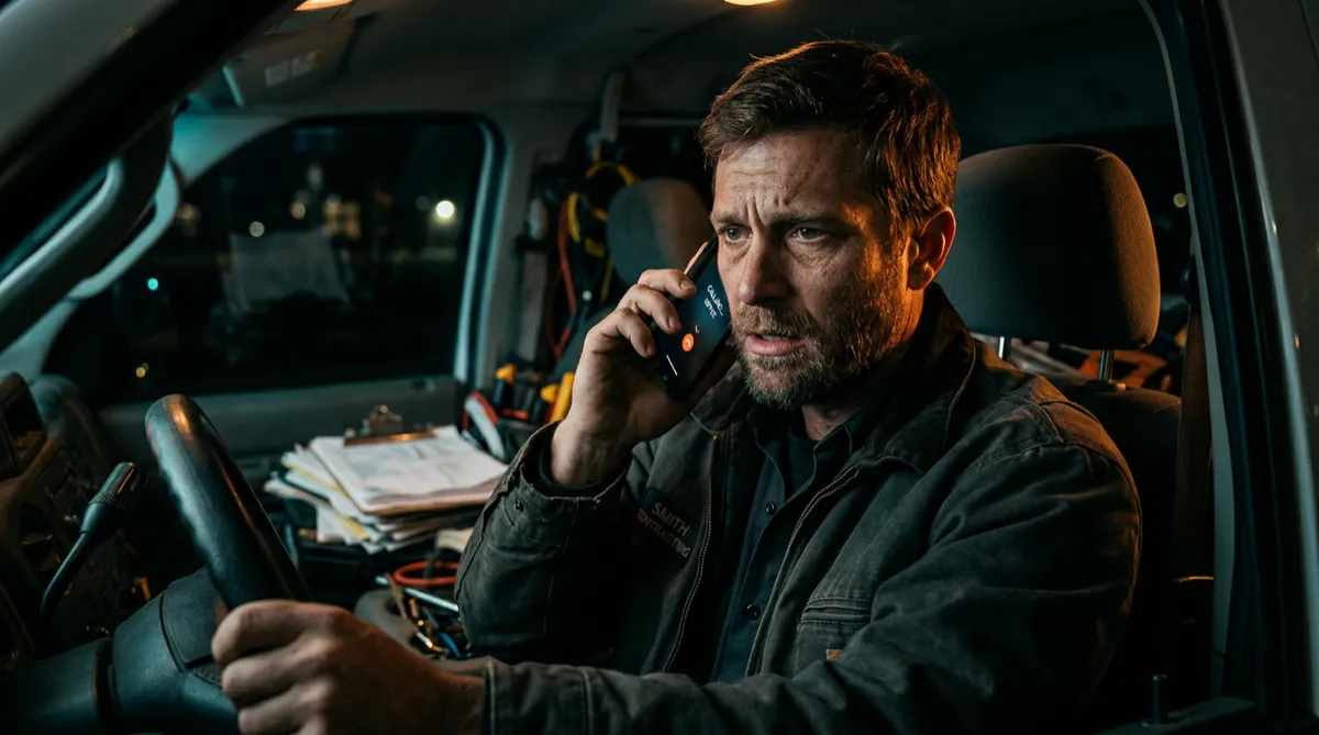 Stressed contractor missing urgent customer calls while driving work truck