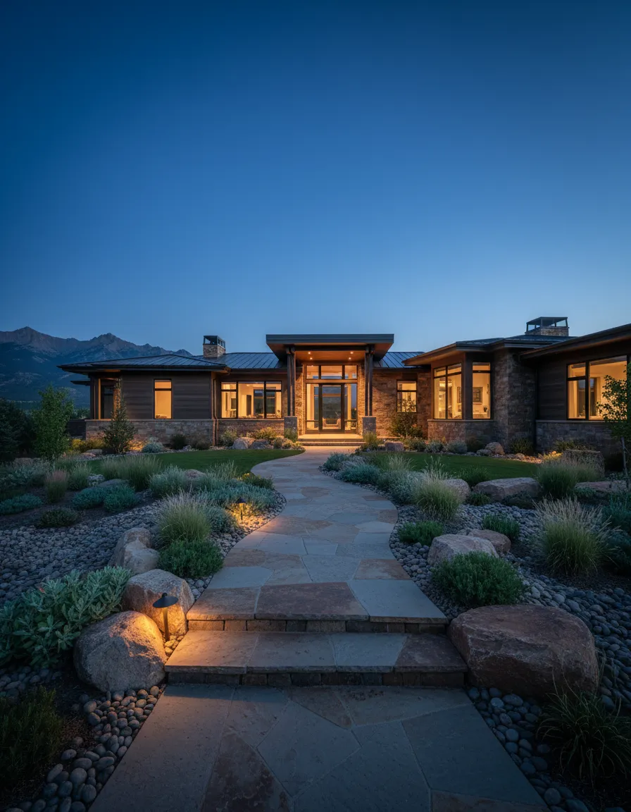 Pristine front yard landscaping with rock beds and manicured lawn