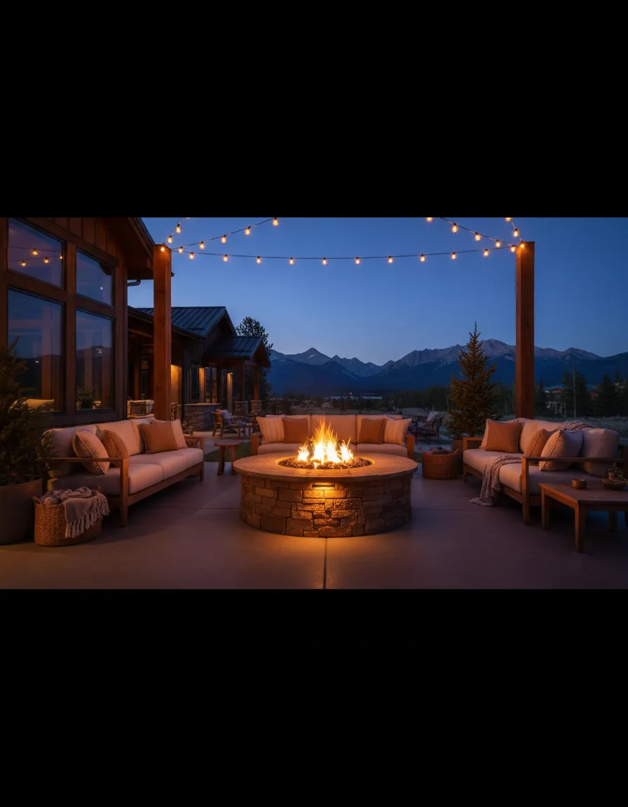 Cozy outdoor living space with fire pit and seating at twilight