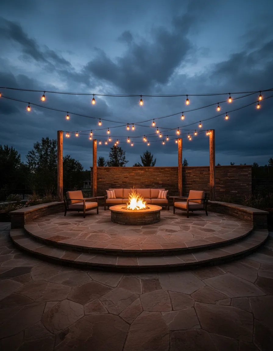 Colorado outdoor living space with paver patio, fire pit, retaining wall and warm lighting