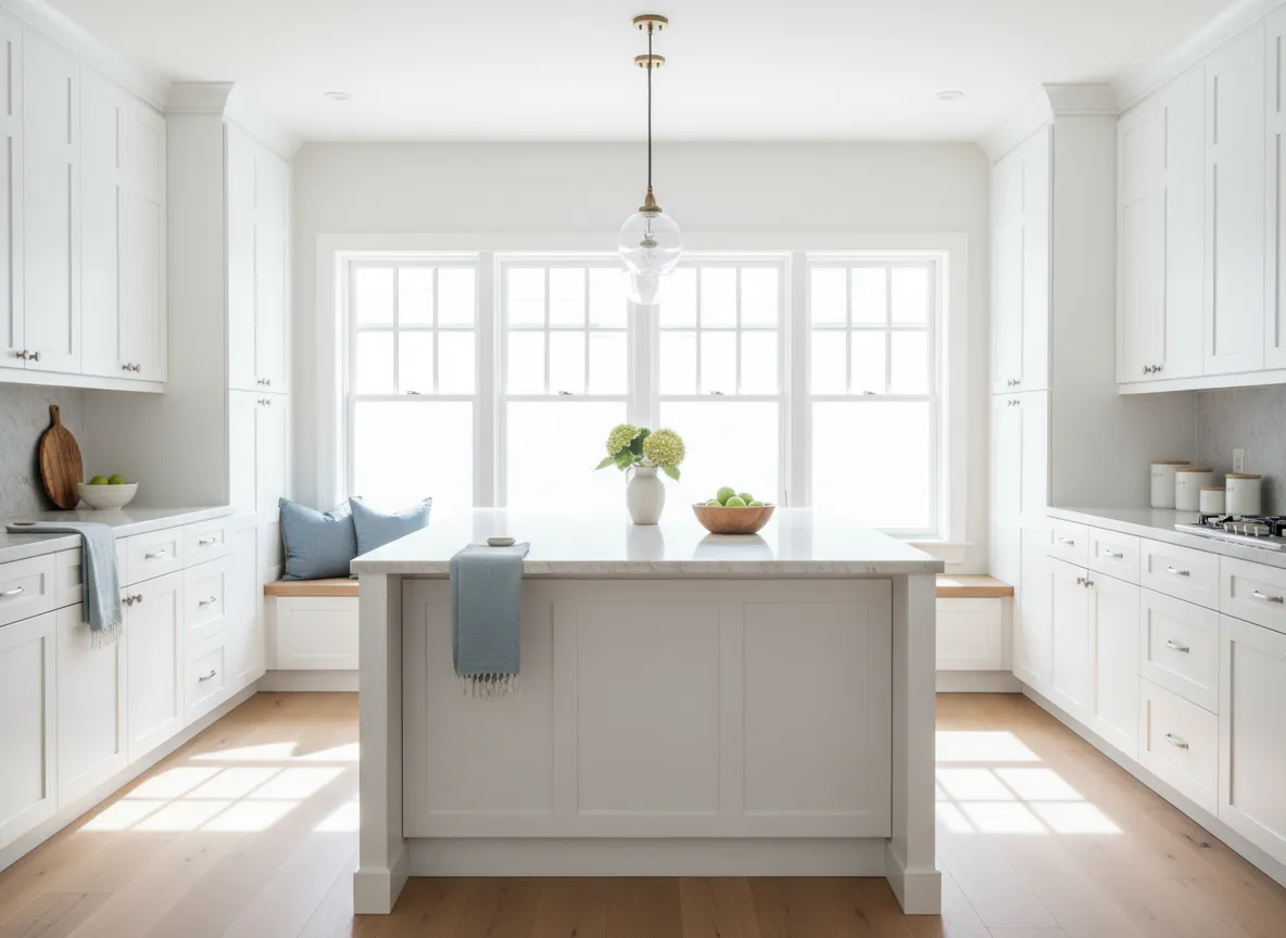 Bright white kitchen with island and pendant lighting