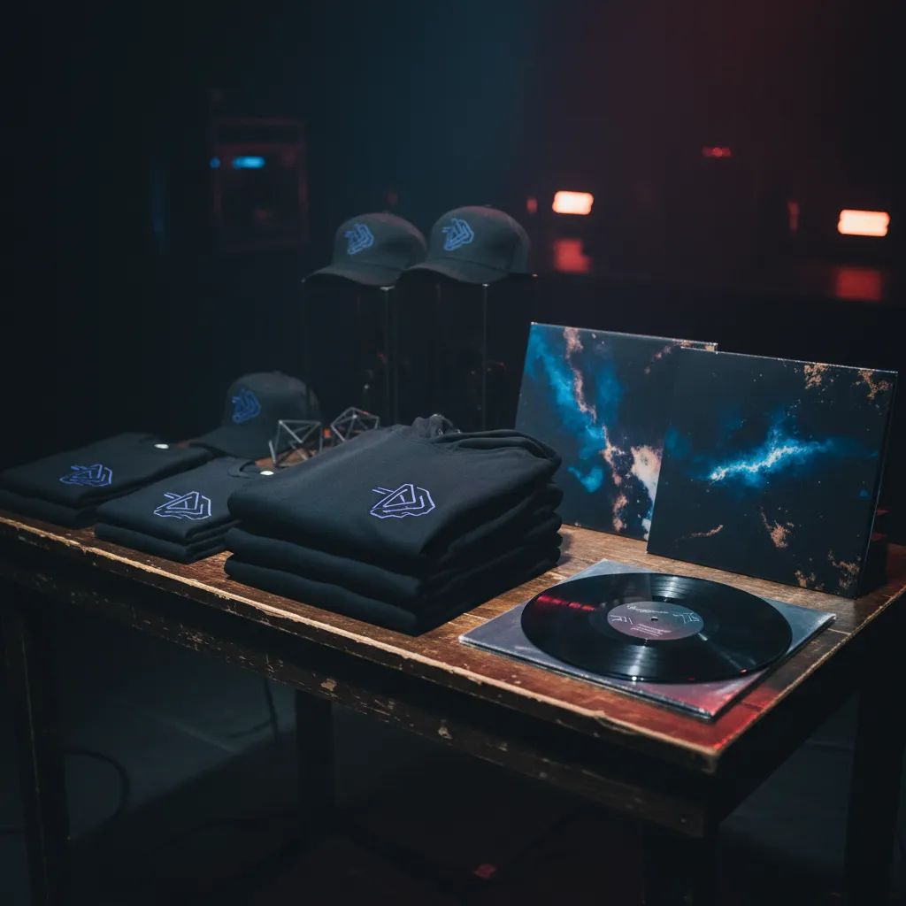 Square image of an event merchandise table with MMG branded apparel and vinyl.