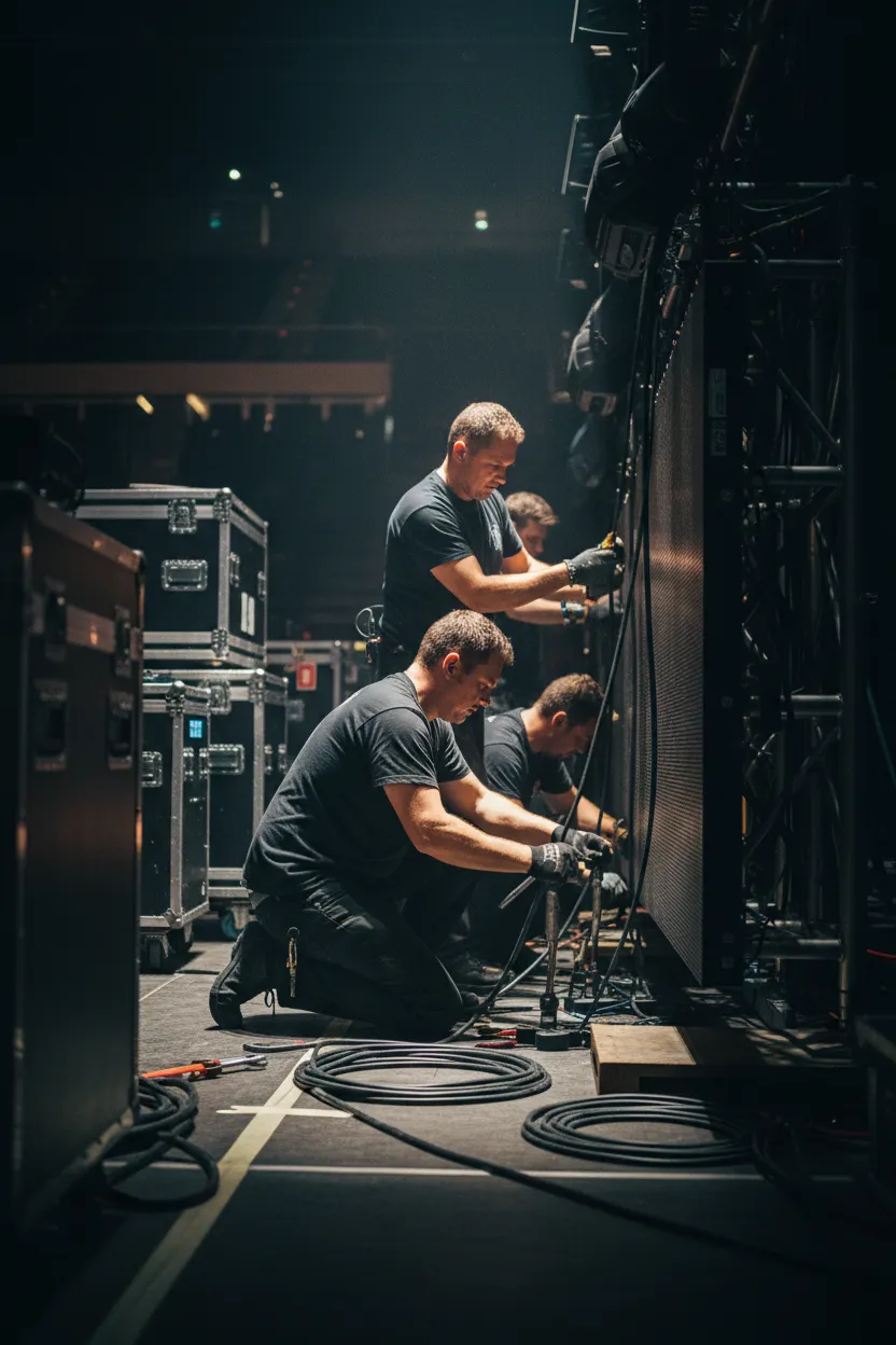 Portrait candid of stagehands securing cables and prepping gear at an MMG event.