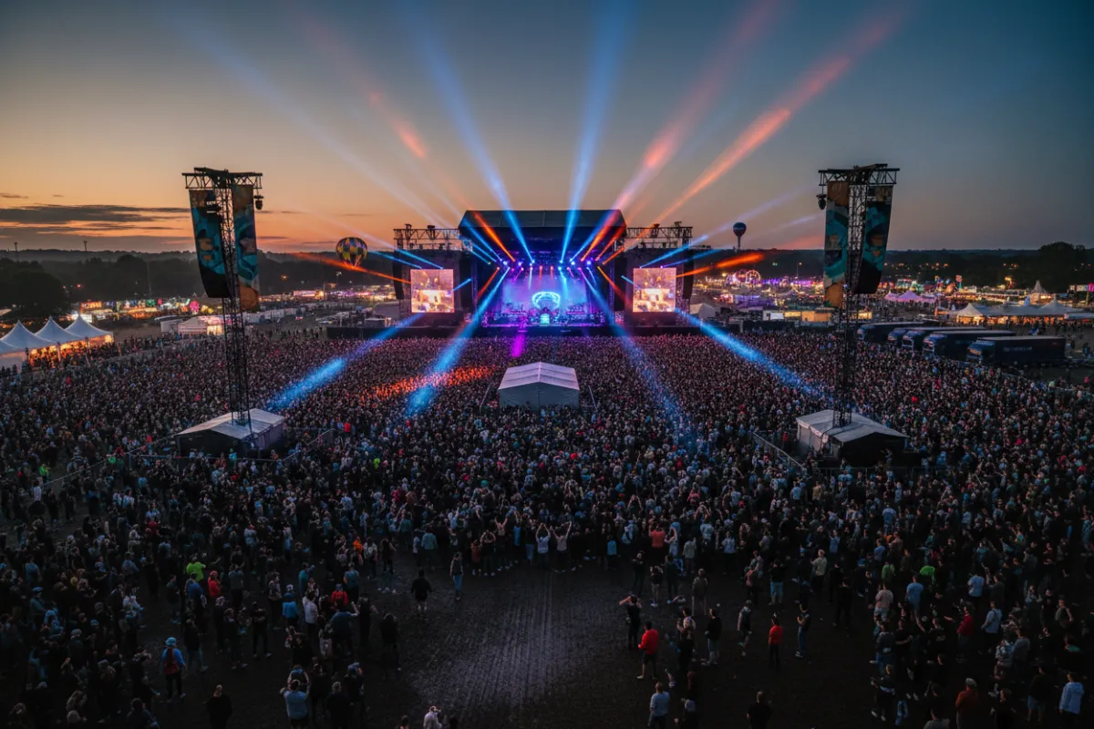 Festival grounds at dusk with stage, crowd, banners, and production lighting, showing MMG’s festival scale and logistics expertise.