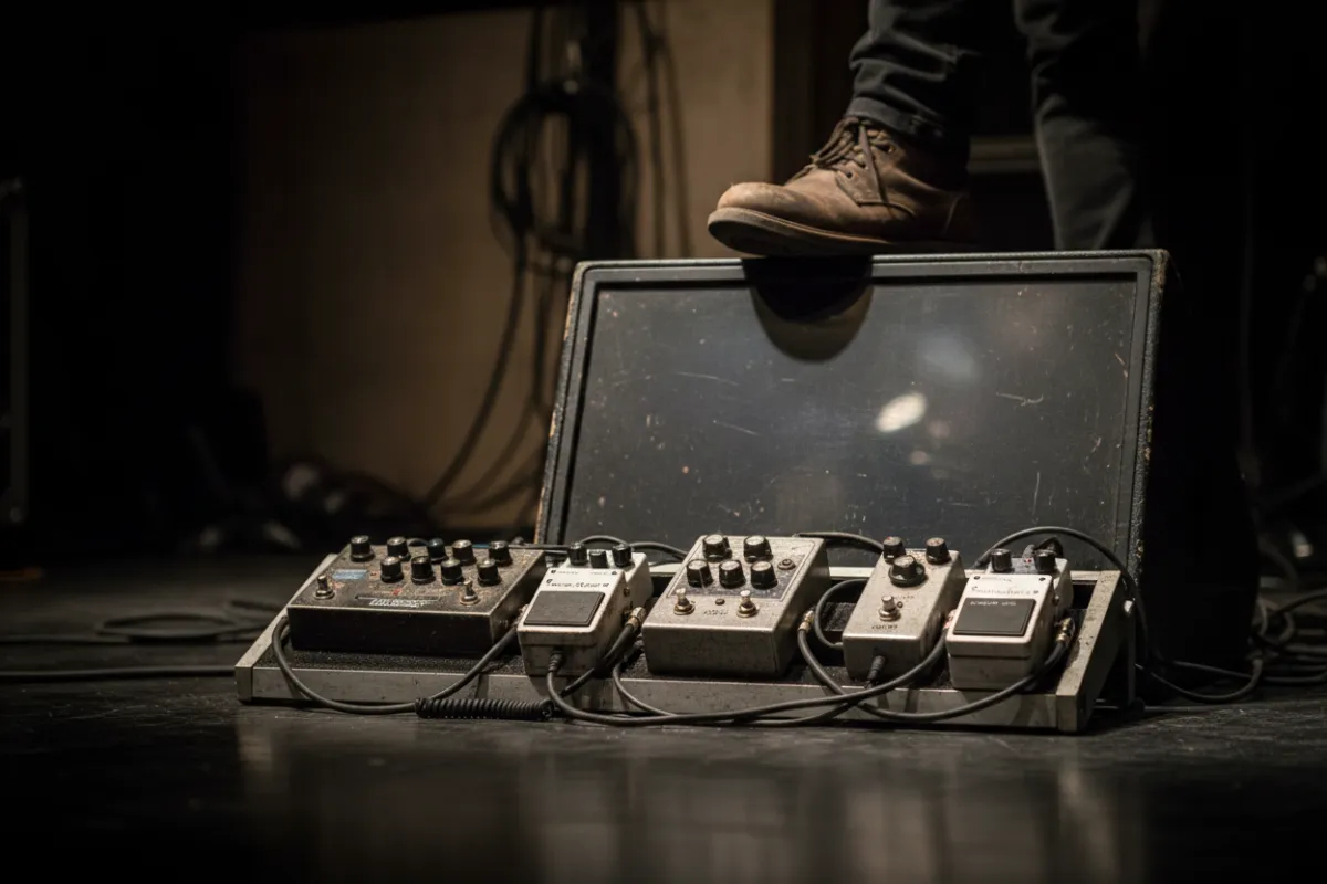 Performer’s foot on monitor with pedalboard