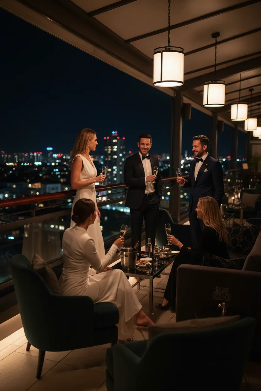 Portrait shot of VIP guests enjoying an MMG event from a balcony.