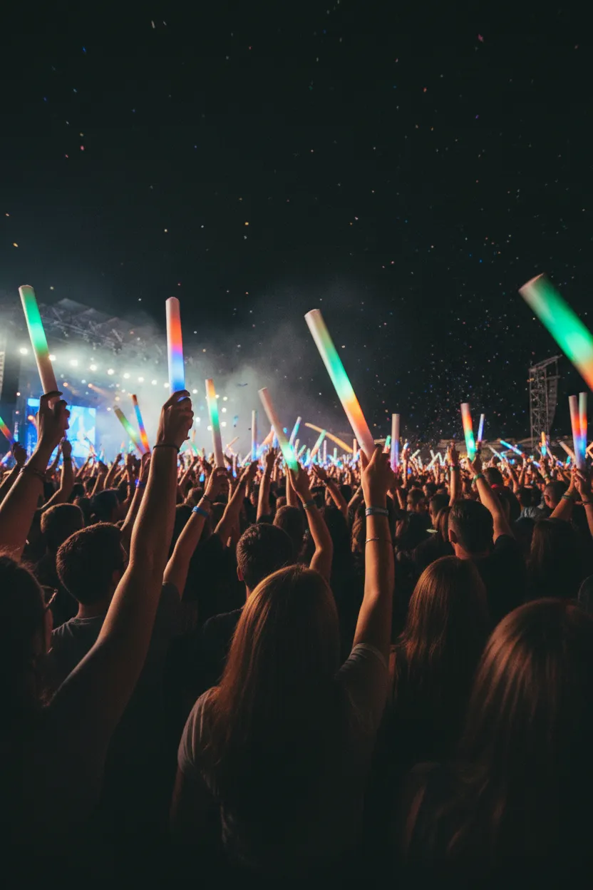 Vertical crowd photo with raised hands and glow sticks at an MMG festival.