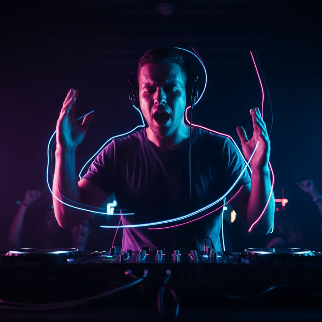Close-up portrait of a DJ in mid-set with neon rim light at an MMG event.