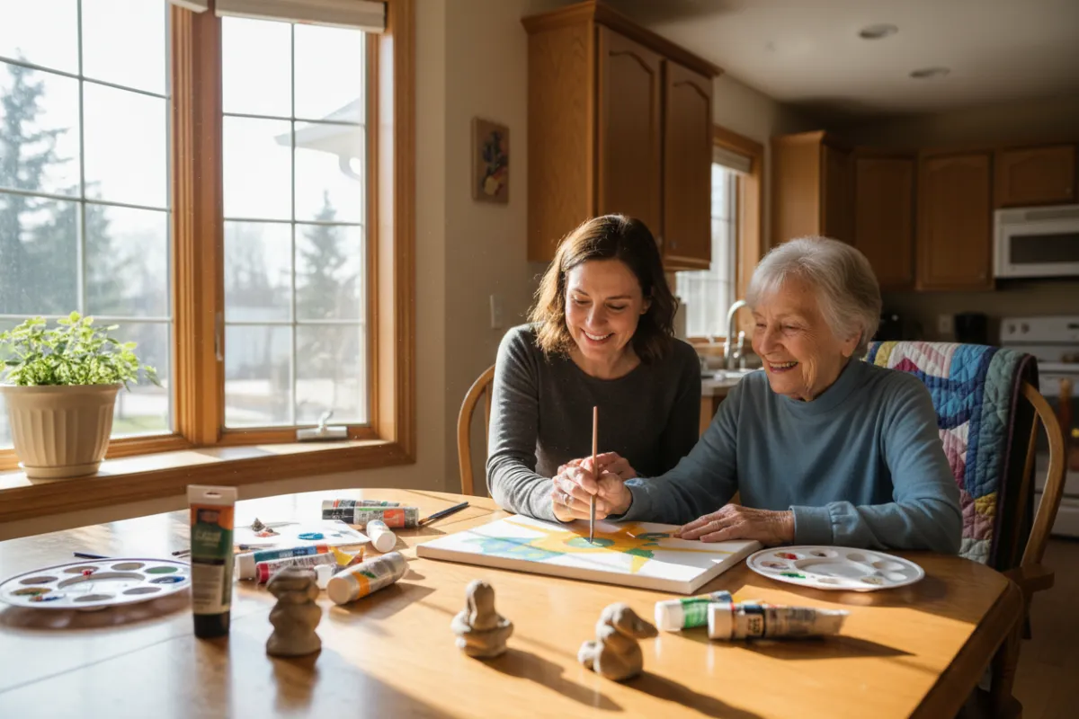 A supportive staff member discussing care options with a family in a comfortable Ontario home setting.
