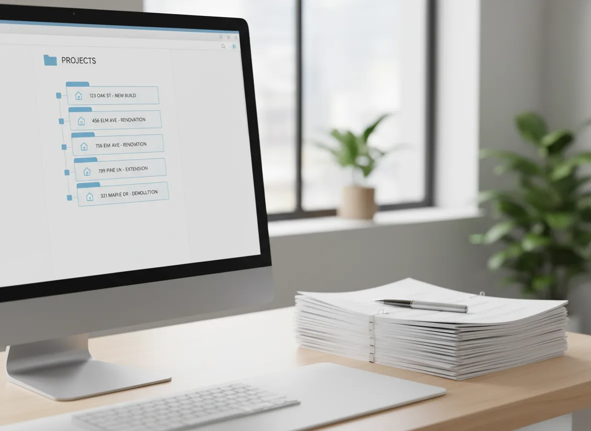 Organized construction project folders and documents