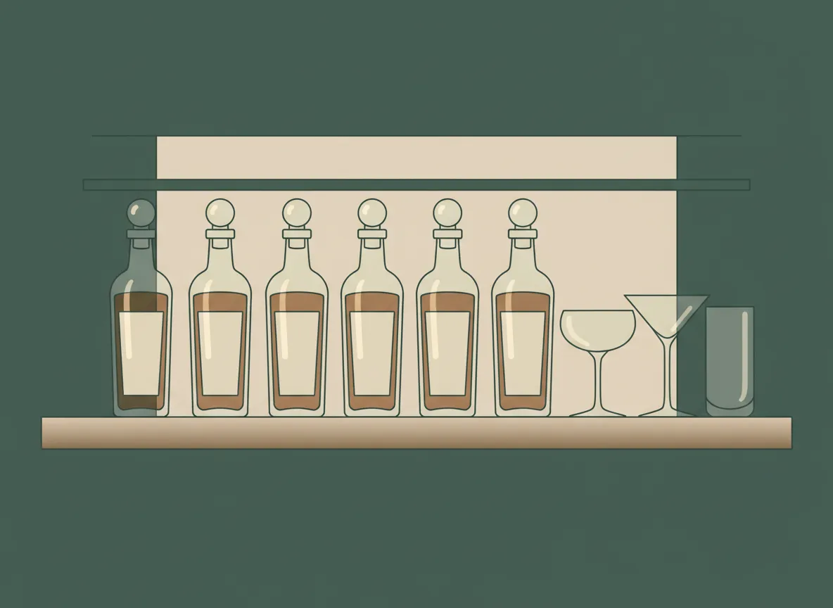 Minimal illustration of tea spirits bottles on a bar