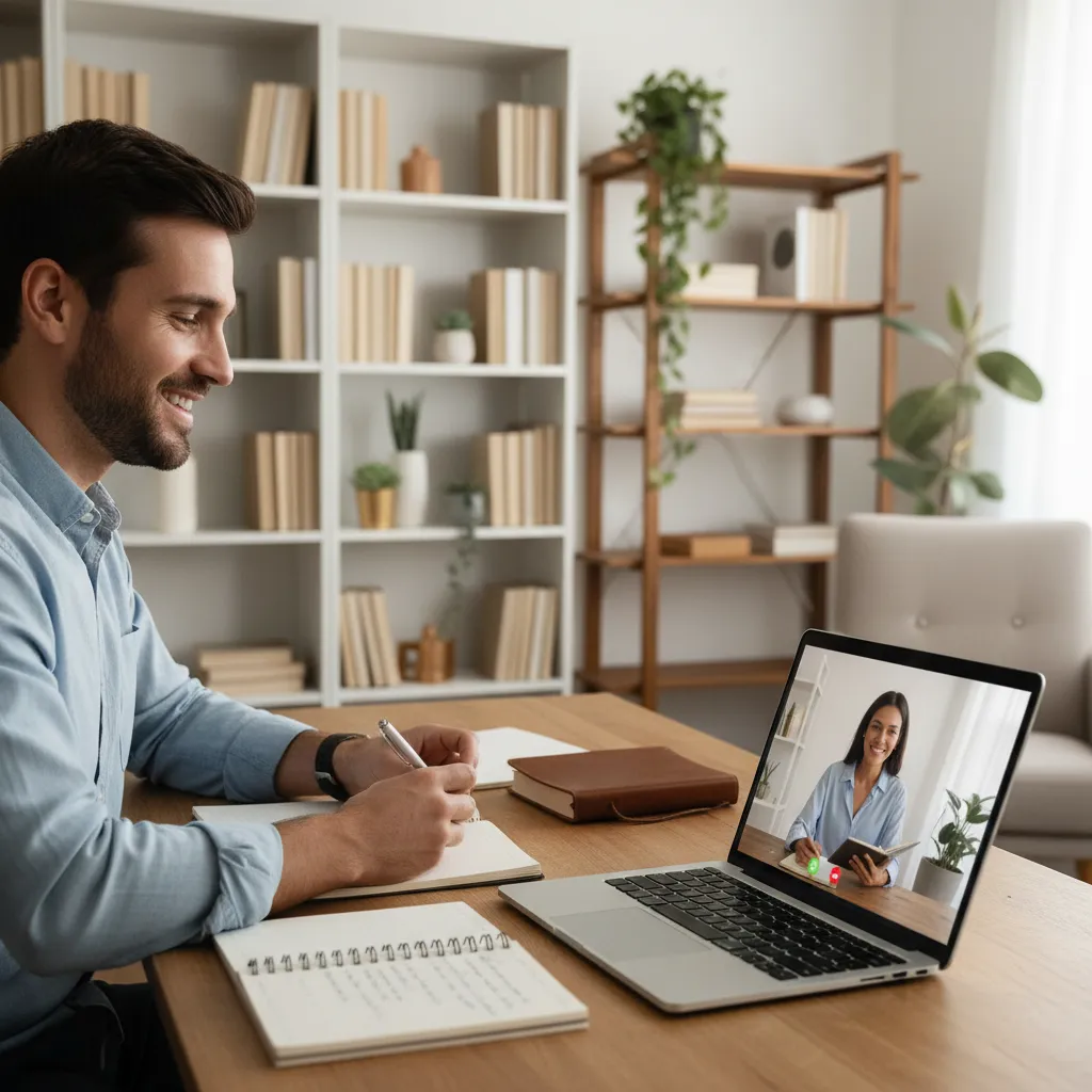 A marketing consultant having a one-on-one video call with a small business owner, both smiling and taking notes, with a laptop and notepad visible. The background shows a tidy home office with bookshelves and a plant.