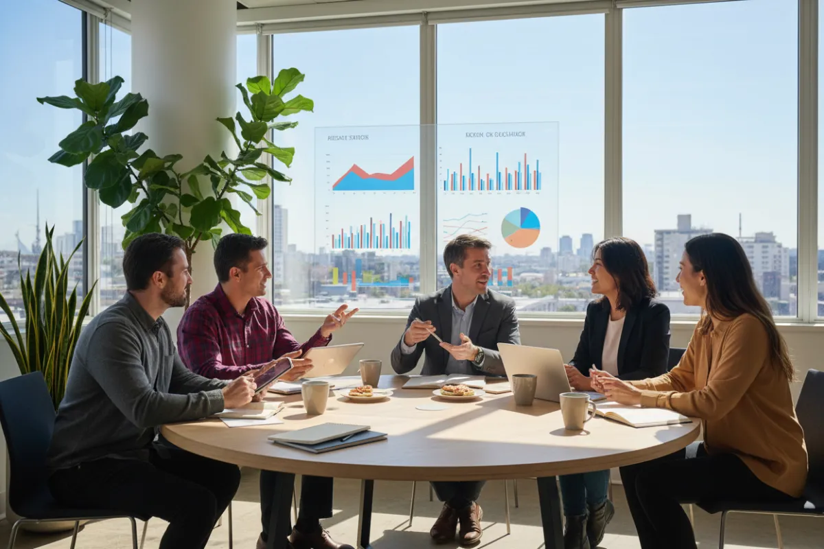 A diverse group of small business owners collaborating around a table with digital devices, charts, and coffee mugs, set in a bright, modern office with large windows and plants. The scene conveys teamwork, creativity, and a positive, energetic atmosphere.
