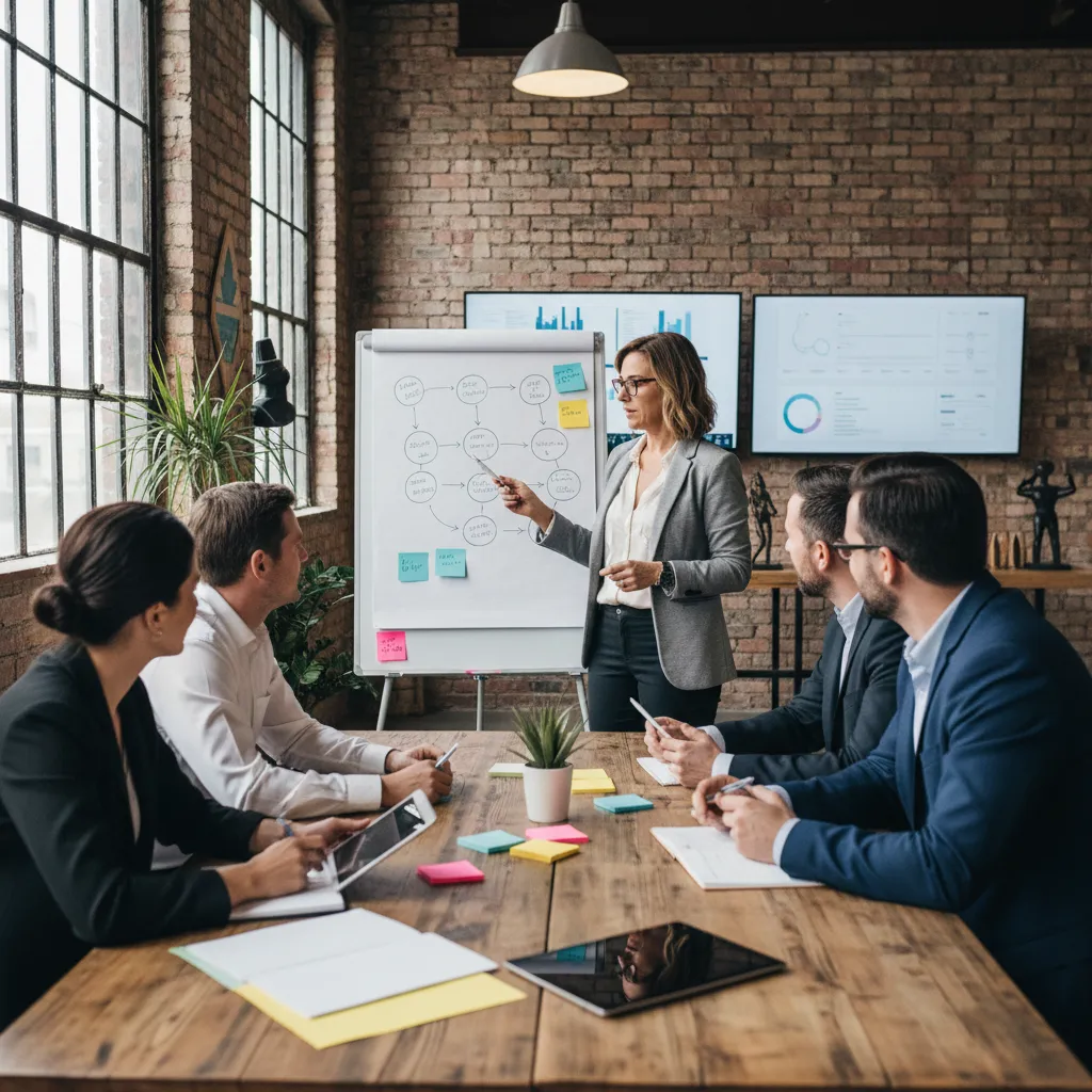 A marketing strategist presenting a brand development plan to a small group of business owners in a creative studio, with whiteboards, colorful sticky notes, and digital screens. The group is engaged, taking notes, and discussing ideas enthusiastically.