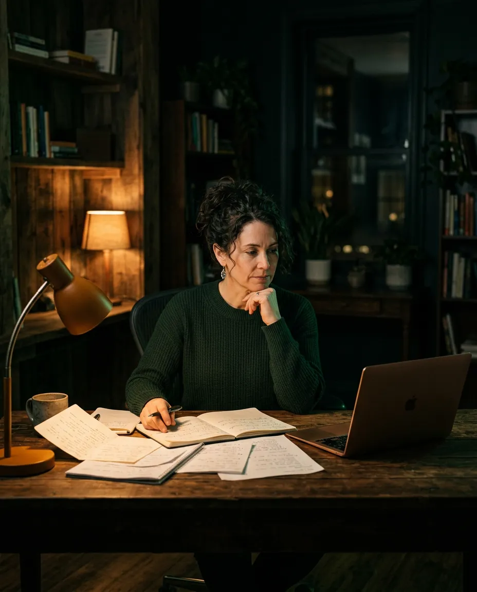 An overwhelmed coach sitting at a wooden desk late at night, surrounded by scattered notes and glowing laptop light in an editorial setting