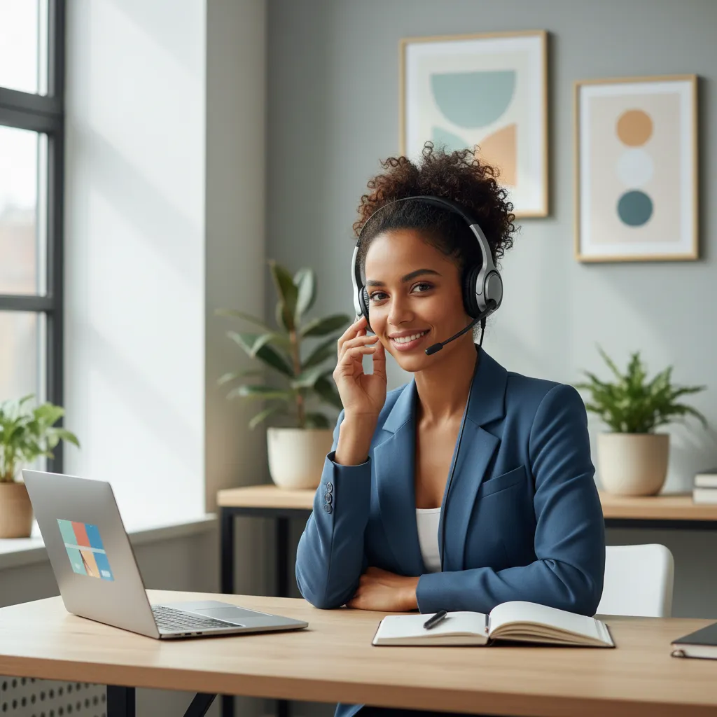 A diverse Nova Arte support team member smiling at a desk with a headset, a laptop, and a notepad, in a bright, welcoming office environment.