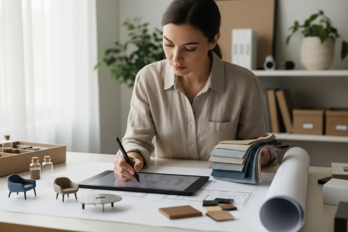 A designer sketching a custom living room layout at a desk, surrounded by fabric swatches, blueprints, and modern decor samples. The workspace is bright and organized, emphasizing creativity and attention to detail in interior design.