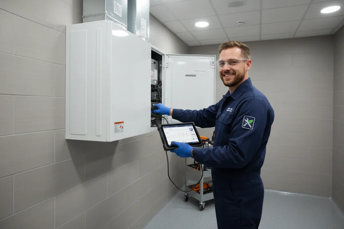 A friendly technician in uniform repairing a modern HVAC unit in a spotless utility room. The technician uses a digital diagnostic tool and wears safety gear, conveying reliability and expertise in home maintenance services.