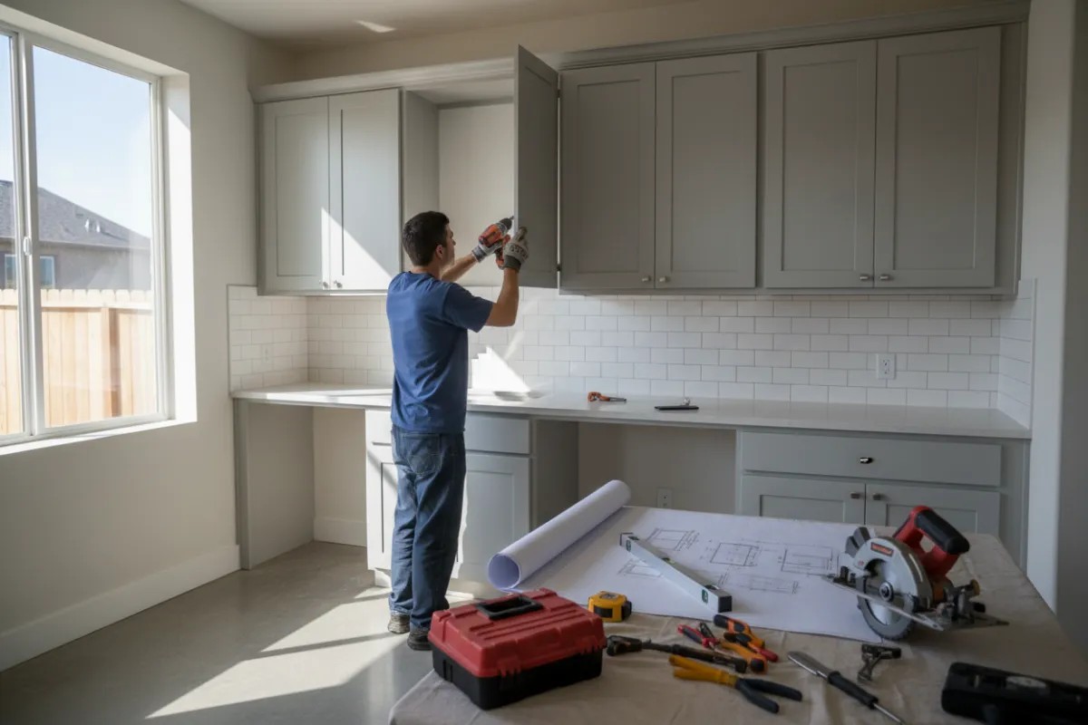 A skilled worker installing new kitchen cabinets in a freshly renovated, sunlit kitchen. Tools are neatly arranged, and a detailed blueprint is visible on the counter, highlighting precision and professionalism in home renovation.