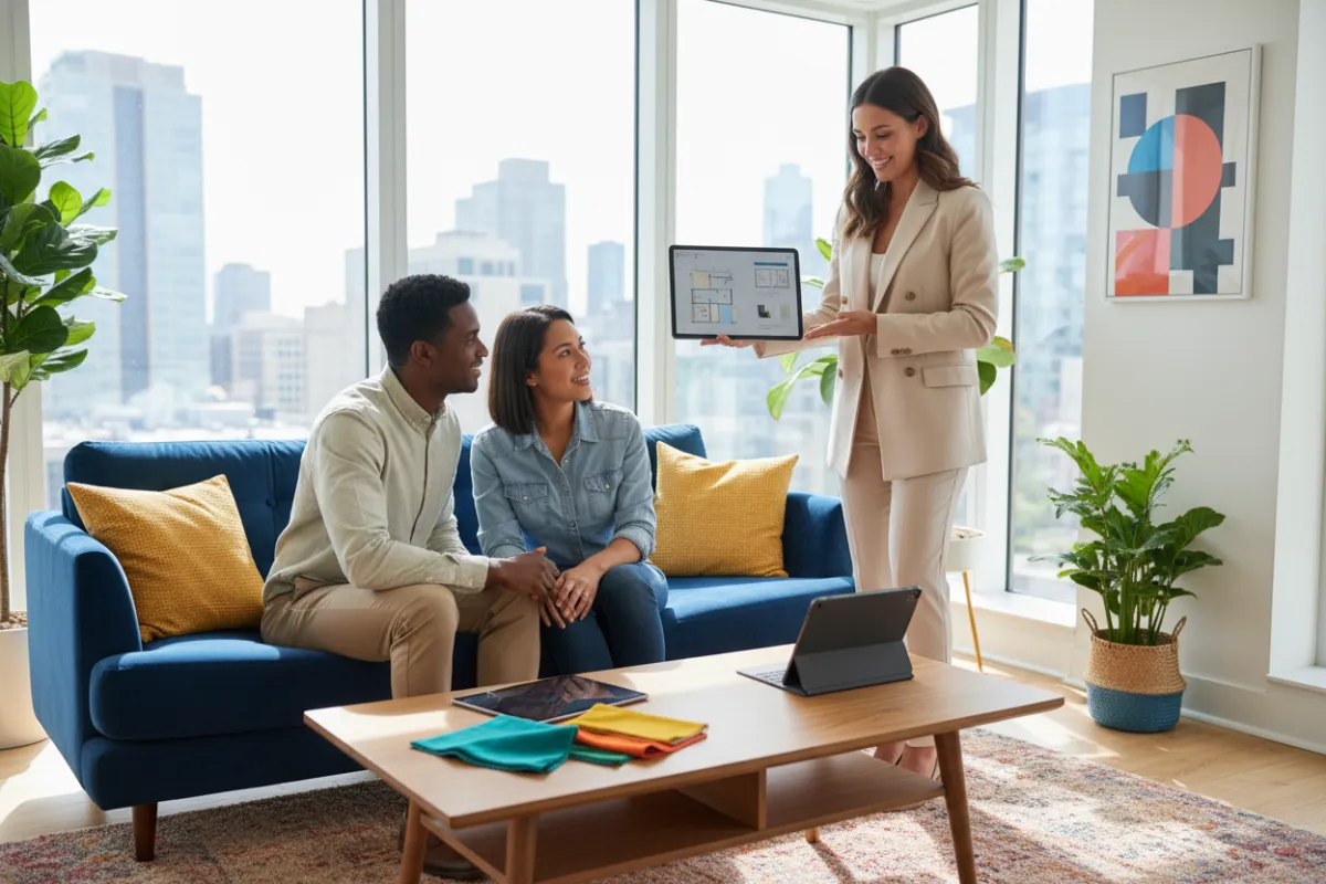 A modern, sunlit living room with vibrant decor, a smiling consultant discussing plans with a diverse couple, and a tablet displaying design options on a coffee table.
