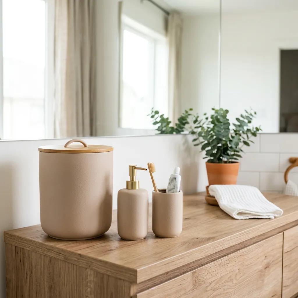 Bathroom trash can and soap dispenser set on a vanity in a bright, furnished rental bathroom