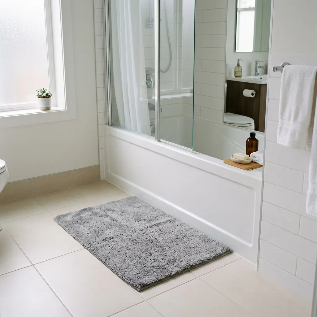 Bath mat on a bathroom floor in a furnished rental