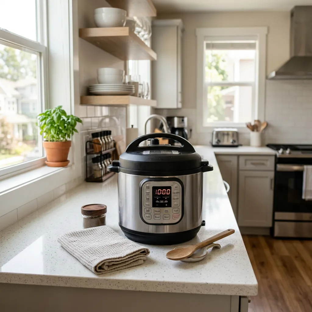 Electric multi-cooker on a kitchen counter in a furnished rental