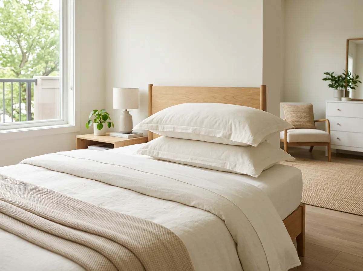King pillow shams on a neatly made bed in a bright furnished rental bedroom