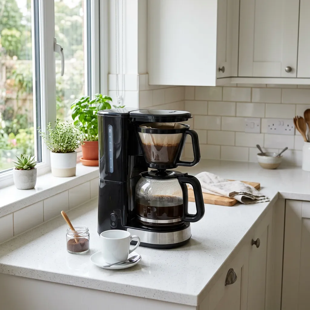 Coffee maker on a kitchen counter in a bright furnished rental kitchen