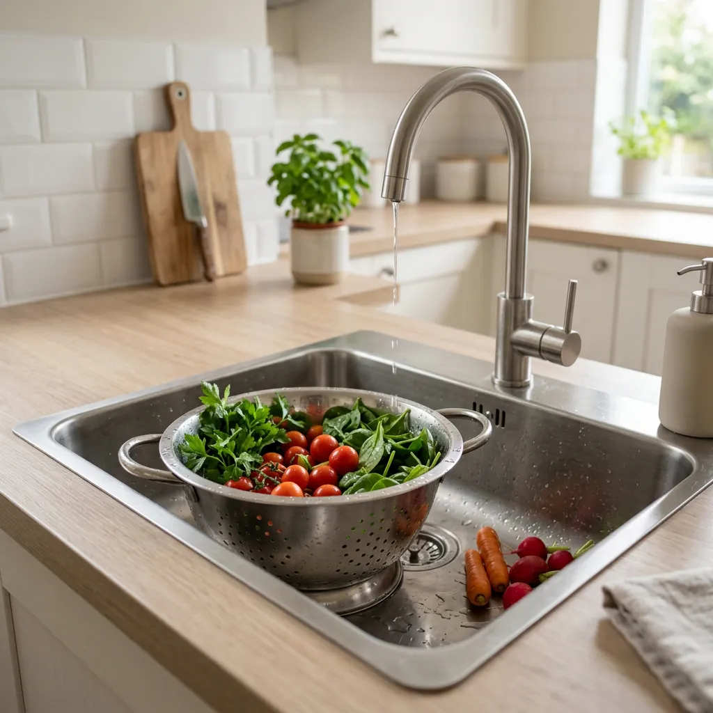 Kitchen colander on a counter in a furnished rental kitchen